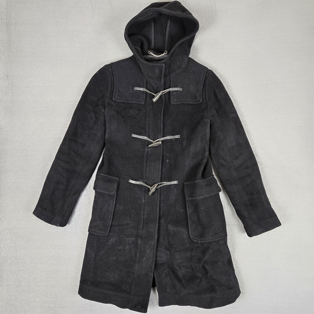 Burberry London Duffle Coat Womens Large 100% Wool Black Hooded Jacket England